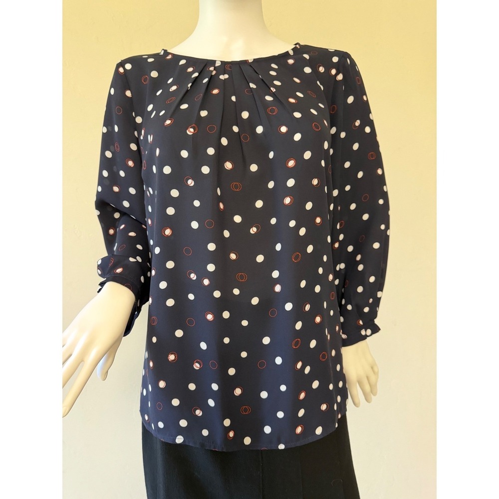 Serein Navy Blue Polka Dot Pleated Blouse 3/4 Sleeve Top Women Size L